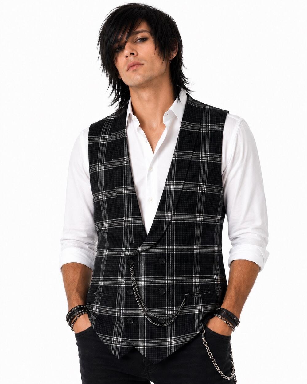 Noose & Monkey Black & White Plaid + Skulls Wool U-Neck Men’s Vest w/ Chain